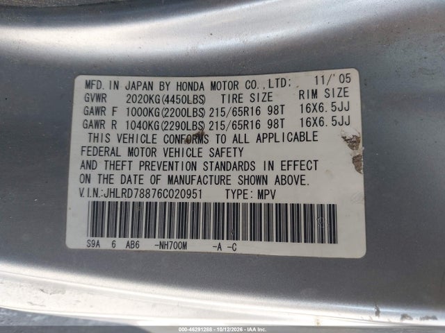 Aukcja sprzedaży 2006 Honda Cr-v Ex, vin: JHLRD78876C020951, numer aukcji: 46291288