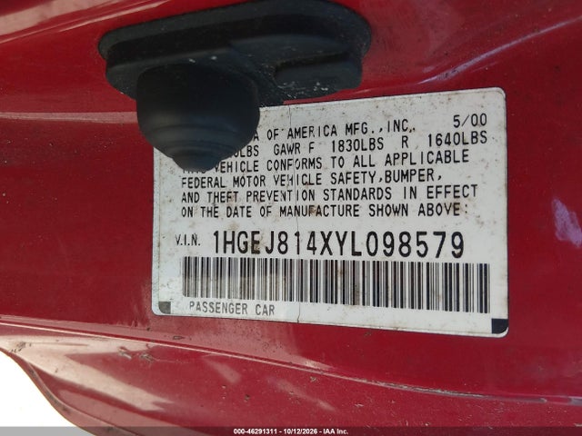 Aukcja sprzedaży 2000 Honda Civic Ex, vin: 1HGEJ814XYL098579, numer aukcji: 46291311