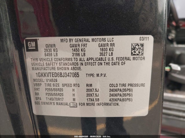 46291327 :رقم المزاد ، 1GKKVTED6BJ347065 vin ، 2011 Gmc Acadia Denali مزاد بيع