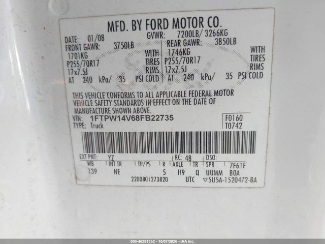 Продажа на аукционе авто 2008 Ford F-150 60th Anniversary/fx4/king Ranch/lariat/xlt, vin: 1FTPW14V68FB22735, номер лота: 46291352