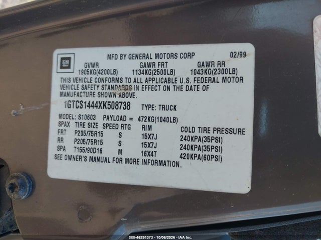 46291373 :رقم المزاد ، 1GTCS1444XK508738 vin ، 1999 Gmc Sonoma Sls مزاد بيع