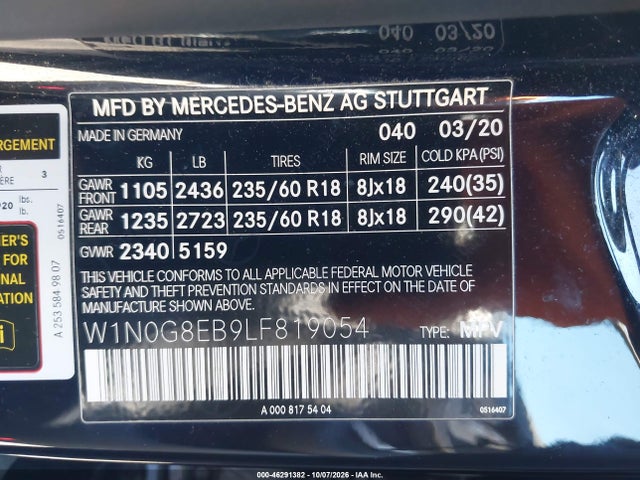 2020 Mercedes-benz Glc 300 4matic მანქანა იყიდება აუქციონზე, vin: W1N0G8EB9LF819054, აუქციონის ნომერი: 46291382