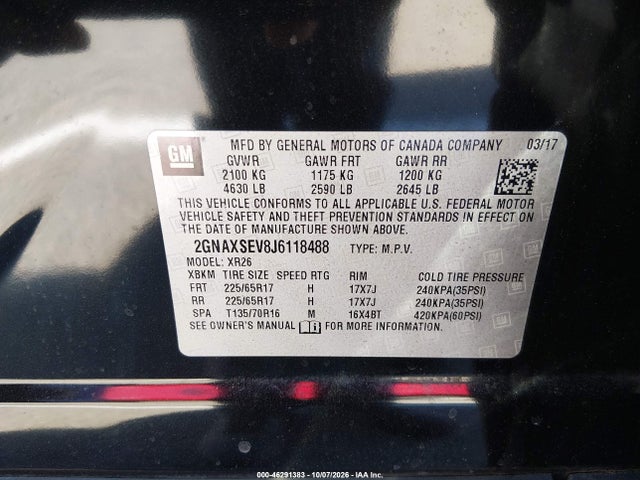 2018 Chevrolet Equinox Lt მანქანა იყიდება აუქციონზე, vin: 2GNAXSEV8J6118488, აუქციონის ნომერი: 46291383