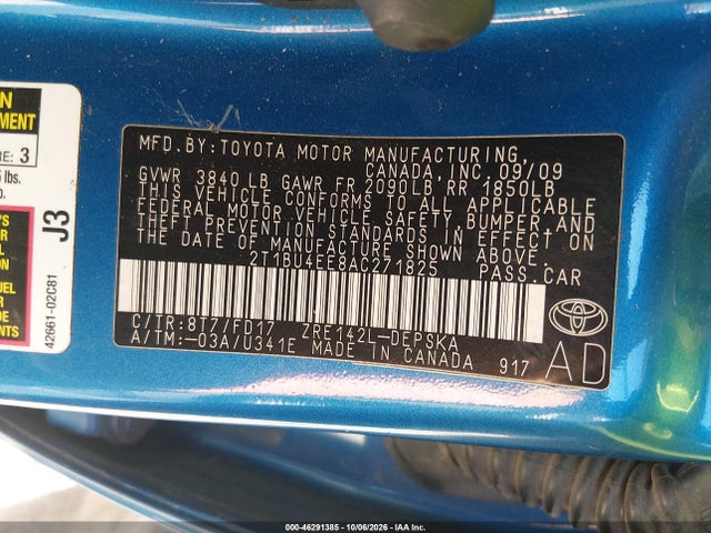 46291385 :رقم المزاد ، 2T1BU4EE8AC271825 vin ، 2010 Toyota Corolla S مزاد بيع
