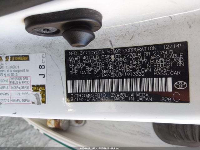 Продаж на аукціоні авто 2015 Toyota Prius Two, vin: JTDKN3DU3F1913332, номер лоту: 46291397