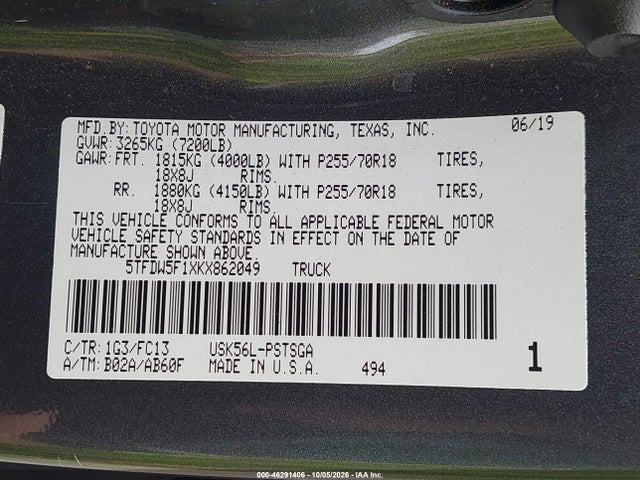 46291406 :رقم المزاد ، 5TFDW5F1XKX862049 vin ، 2019 Toyota Tundra Sr5 5.7l V8 مزاد بيع