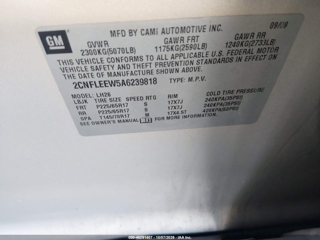 Aukcja sprzedaży 2010 Chevrolet Equinox Lt, vin: 2CNFLEEW5A6239818, numer aukcji: 46291407