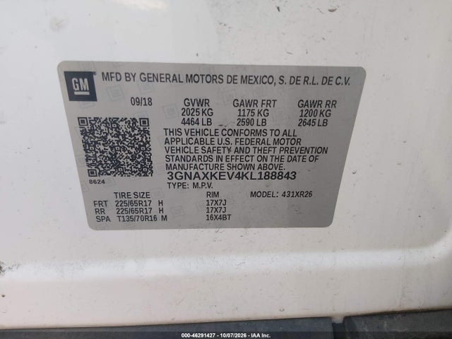 2019 Chevrolet Equinox Lt მანქანა იყიდება აუქციონზე, vin: 3GNAXKEV4KL188843, აუქციონის ნომერი: 46291427