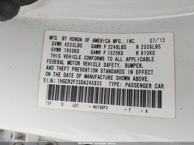 2013 Honda Accord Lx მანქანა იყიდება აუქციონზე, vin: 1HGCR2F35DA245930, აუქციონის ნომერი: 46291429