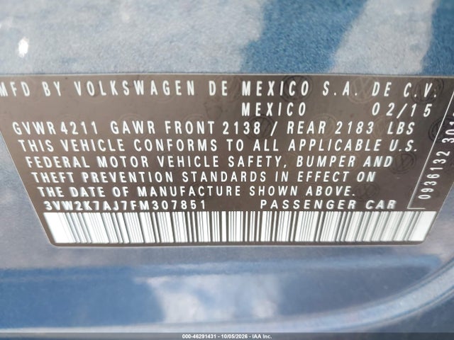 Продаж на аукціоні авто 2015 Volkswagen Jetta 2.0l S, vin: 3VW2K7AJ7FM307851, номер лоту: 46291431