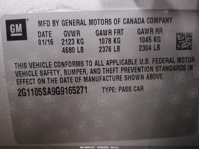 46291437 :رقم المزاد ، 2G1105SA9G9165271 vin ، 2016 Chevrolet Impala 1lt مزاد بيع