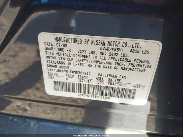 Aukcja sprzedaży 2009 Infiniti G37x, vin: JNKCV61F89M361260, numer aukcji: 46291455