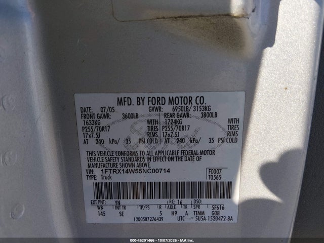 Продажа на аукционе авто 2005 Ford F-150 Stx/xl/xlt, vin: 1FTRX14W55NC00714, номер лота: 46291466