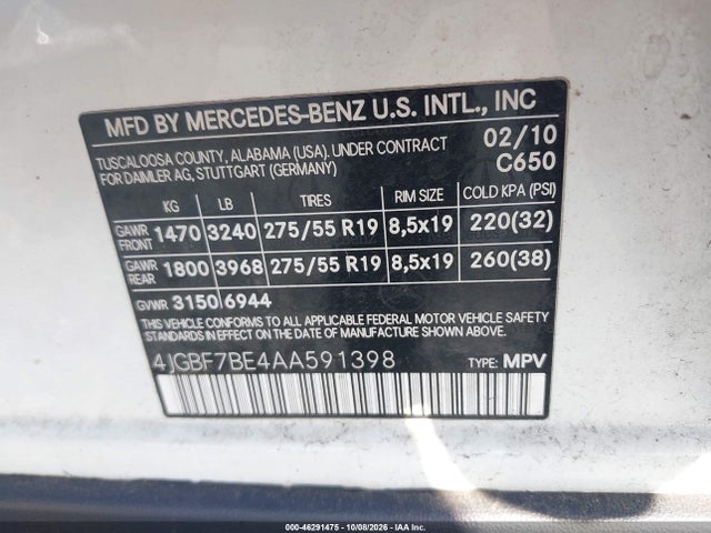 2010 Mercedes-benz Gl 450 4matic მანქანა იყიდება აუქციონზე, vin: 4JGBF7BE4AA591398, აუქციონის ნომერი: 46291475