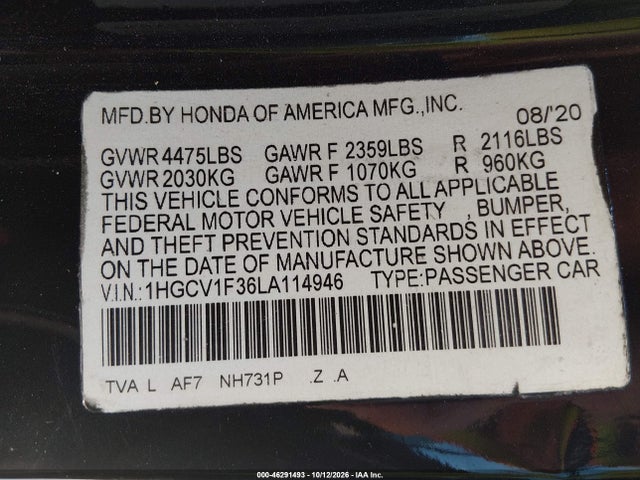 Aukcja sprzedaży 2020 Honda Accord Sport, vin: 1HGCV1F36LA114946, numer aukcji: 46291493