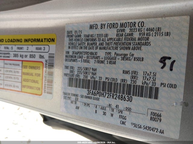 46291494 :رقم المزاد ، 3FA6P0H72FR248630 vin ، 2015 Ford Fusion Se مزاد بيع