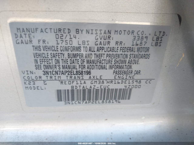 Aukcja sprzedaży 2014 Nissan Versa 1.6 S+, vin: 3N1CN7AP2EL858196, numer aukcji: 46291497