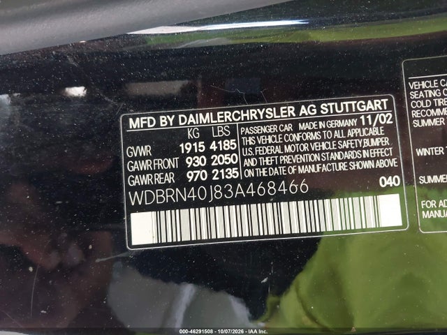 Aukcja sprzedaży 2003 Mercedes-benz C 230 Kompressor Sport, vin: WDBRN40J83A468466, numer aukcji: 46291508