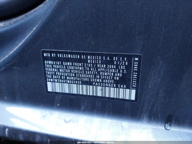 46291537 :رقم المزاد ، 3VW7W7BU5TM033936 vin ، 2026 Volkswagen Jetta Se مزاد بيع