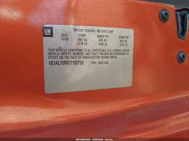 Aukcja sprzedaży 2007 Chevrolet Cobalt Lt, vin: 1G1AL15F677192792, numer aukcji: 46291540