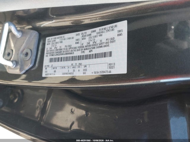 Продаж на аукціоні авто 2019 Ford Escape Se, vin: 1FMCU9GD0KUB90663, номер лоту: 46291560