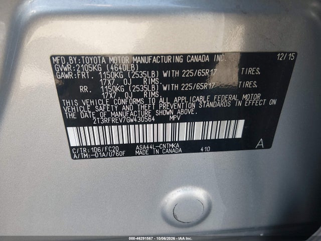 46291567 :رقم المزاد ، 2T3RFREV7GW430564 vin ، 2016 Toyota Rav4 Xle مزاد بيع