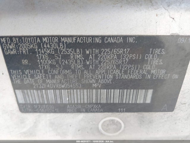 46291571 :رقم المزاد ، 2T3ZF4DVXBW054553 vin ، 2011 Toyota Rav4 مزاد بيع