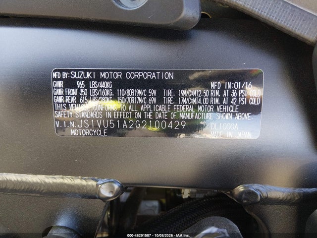 2016 Suzuki Dl1000 მანქანა იყიდება აუქციონზე, vin: JS1VU51A2G2100429, აუქციონის ნომერი: 46291587