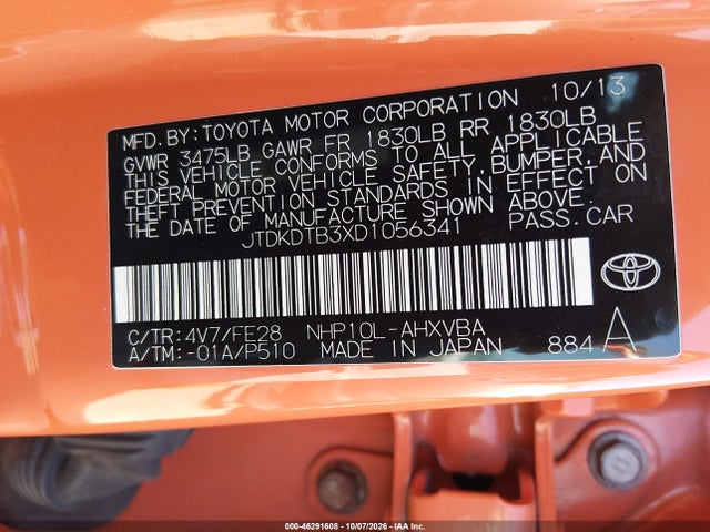 46291608 :رقم المزاد ، JTDKDTB3XD1056341 vin ، 2013 Toyota Prius C One مزاد بيع