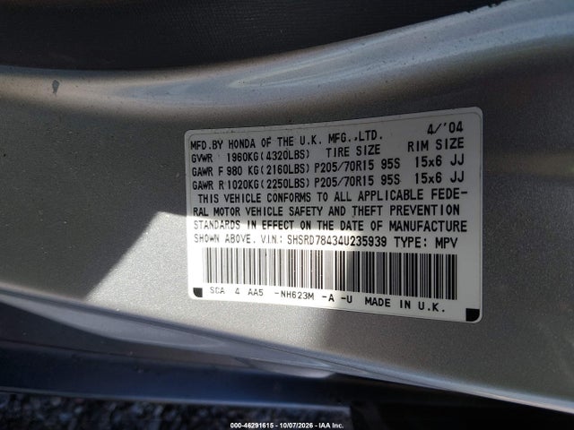 Продажа на аукционе авто 2004 Honda Cr-v Lx, vin: SHSRD78434U235939, номер лота: 46291615