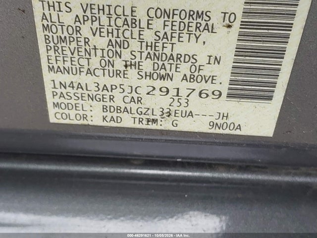 46291621 :رقم المزاد ، 1N4AL3AP5JC291769 vin ، 2018 Nissan Altima 2.5 S مزاد بيع