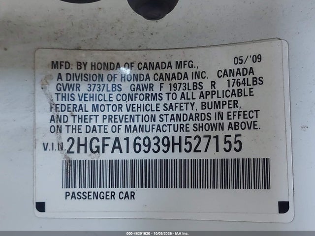 2009 Honda Civic Ex-l მანქანა იყიდება აუქციონზე, vin: 2HGFA16939H527155, აუქციონის ნომერი: 46291630