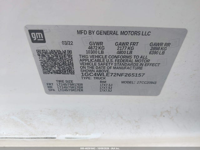 Aukcja sprzedaży 2022 Chevrolet Silverado 2500hd 2wd  Long Bed Wt, vin: 1GC4WLE72NF265157, numer aukcji: 46291642