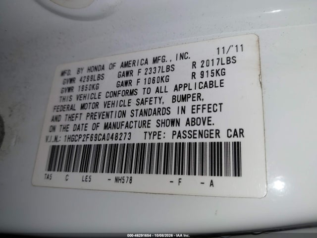 Aukcja sprzedaży 2012 Honda Accord 2.4 Se, vin: 1HGCP2F69CA048273, numer aukcji: 46291654