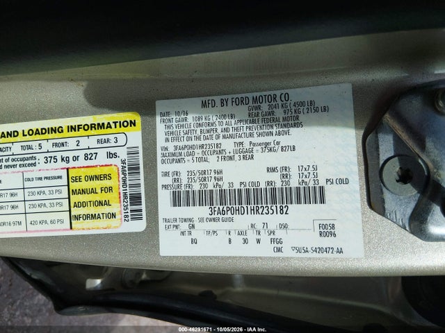 Продажа на аукционе авто 2017 Ford Fusion Se, vin: 3FA6P0HD1HR235182, номер лота: 46291671