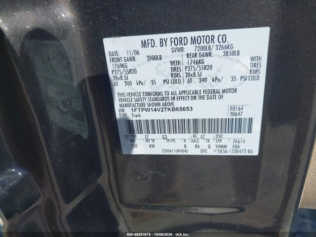 2007 Ford F-150 Fx4/lariat/xlt მანქანა იყიდება აუქციონზე, vin: 1FTPW14V27KB65653, აუქციონის ნომერი: 46291675