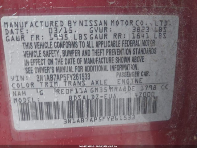 Продаж на аукціоні авто 2015 Nissan Sentra Sv, vin: 3N1AB7AP5FY261533, номер лоту: 46291692