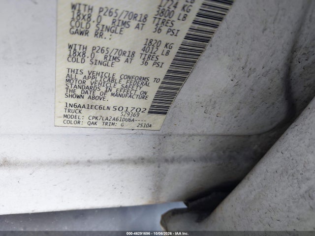 Продаж на аукціоні авто 2020 Nissan Titan, vin: 1N6AA1EC6LN501702, номер лоту: 46291696