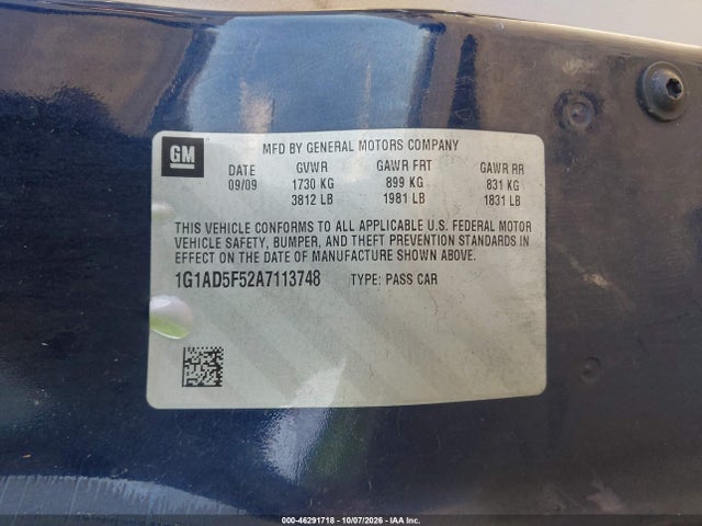 Продажа на аукционе авто 2010 Chevrolet Cobalt Lt, vin: 1G1AD5F52A7113748, номер лота: 46291718
