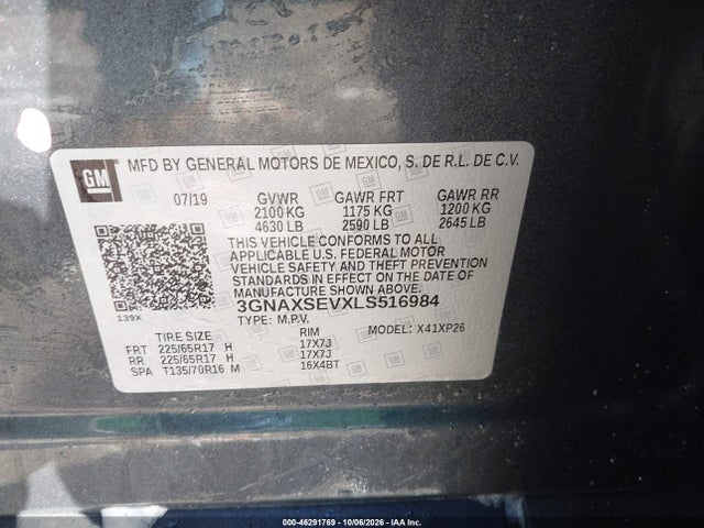 46291769 :رقم المزاد ، 3GNAXSEVXLS516984 vin ، 2020 Chevrolet Equinox Awd Ls مزاد بيع