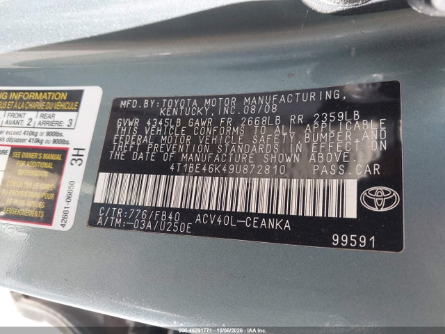 46291771 :رقم المزاد ، 4T1BE46K49U872810 vin ، 2009 Toyota Camry Le مزاد بيع