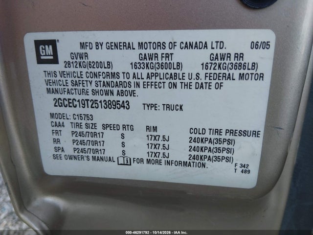 2005 Chevrolet Silverado 1500 მანქანა იყიდება აუქციონზე, vin: 2GCEC19T251389543, აუქციონის ნომერი: 46291792