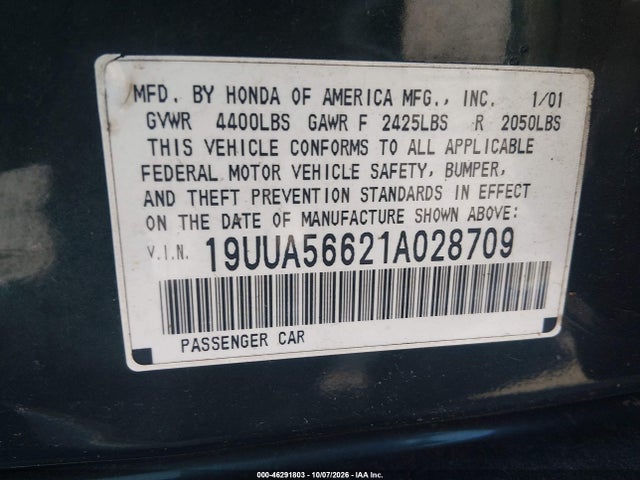 46291803 :رقم المزاد ، 19UUA56621A028709 vin ، 2001 Acura 3.2tl مزاد بيع