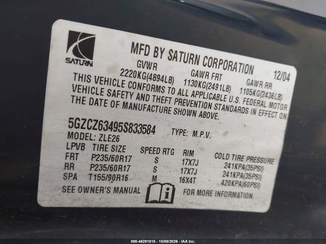 Aukcja sprzedaży 2005 Saturn Vue V6, vin: 5GZCZ63495S833584, numer aukcji: 46291818
