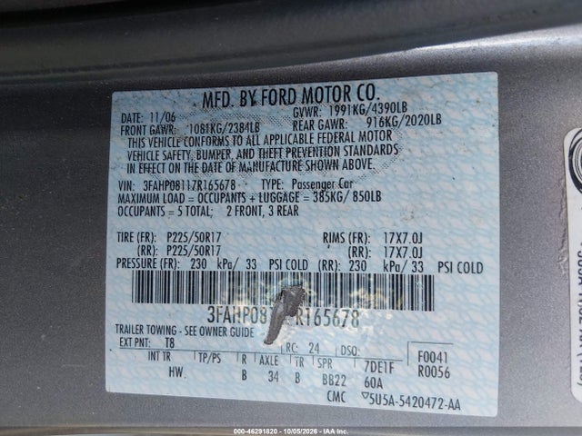 46291820 :رقم المزاد ، 3FAHP08117R165678 vin ، 2007 Ford Fusion Sel مزاد بيع