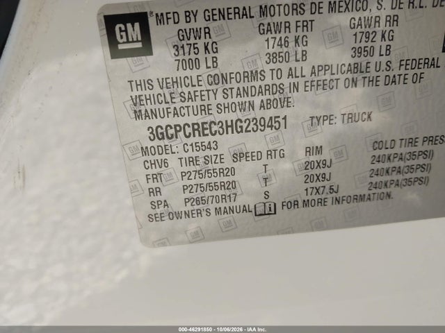 Aukcja sprzedaży 2017 Chevrolet Silverado 1500 1lt, vin: 3GCPCREC3HG239451, numer aukcji: 46291850