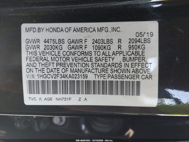 Продажа на аукционе авто 2019 Honda Accord Sport 2.0t, vin: 1HGCV2F34KA023159, номер лота: 46291853