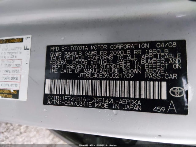 46291855 :رقم المزاد ، JTDBL40E39J021709 vin ، 2009 Toyota Corolla Le مزاد بيع