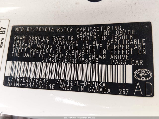 Продаж на аукціоні авто 2009 Toyota Matrix, vin: 2T1KU40E39C109216, номер лоту: 46291871
