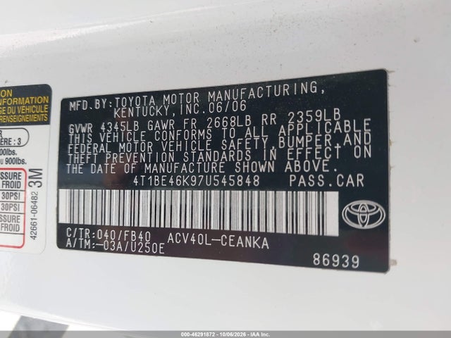 Продаж на аукціоні авто 2007 Toyota Camry Le, vin: 4T1BE46K97U545848, номер лоту: 46291872